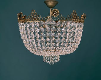Matching Pair of Antique / Vintage Low Ceiling Large Brass & Crystal Bowl Chandelier (6-Light)