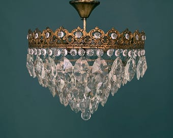 Antique / Vintage Brass & Crystals  5 Tiered 3 Lights Semi Flush Mount Low Ceiling Chandelier Ceiling Lamp 1960’s USA Duty Free !!!