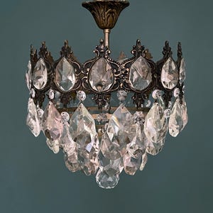 Antique / Vintage Brass & Crystals 3 Tiered 3 Lights Semi Flush Mount Low Ceiling Chandelier Lighting Lamp from 1960’s USA Duty Free !!!