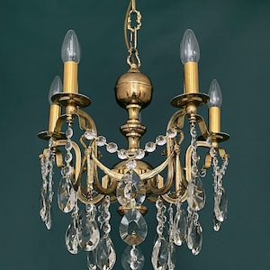 Antique / Vintage Brass & Crystals 5 Arms Beautiful Chandelier Lighting, Light Ceiling Lamp from 1960’s