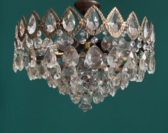 Antique / Vintage Low Ceiling Large Brass & Crystal 5 Tiered Chandelier (6-Light)