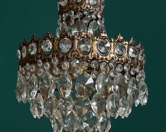 Antique / Vintage Medium Brass & Crystal 3-Tiers Chandelier (3-Light)