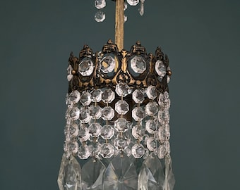 Antique / Vintage Small Brass & Crystal Mini Chandelier (1-Light)