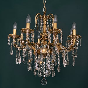 Antique / Vintage Brass & Crystals Cherub 8 Arms Magnificent Chandelier Lighting, Light Fixtures, Ceiling Lamp from 1950’s