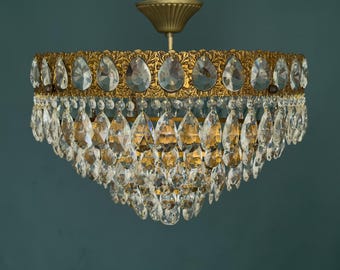 Antique / Vintage Low Ceiling Grand Size Brass & Crystal 6 Tiered Chandelier (6-Light)