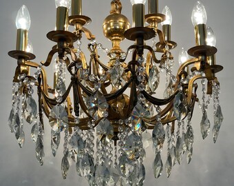 Antique / Vintage Grand Size Brass & Crystals 15 Arms Chandelier (15-Light)