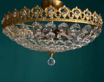 Antique Vintage Low Ceiling Brass & Crystal Large Chandelier – Semi Flush Basket Ceiling Light