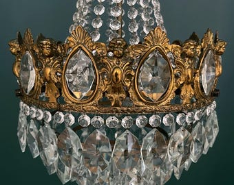 Antique / Vintage Brass & Crystals 4 tiered 3 Lights French Empire Cherub UNIQUE Chandelier Ceiling Lamp 1960’s USA Duty Free !!!