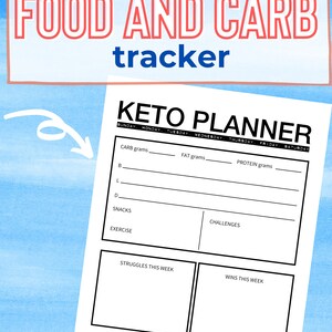 Pode incluir: Um planejador keto imprim&iacute;vel com se&ccedil;&otilde;es para acompanhar os gramas de carboidratos, gorduras e prote&iacute;nas, bem como lanches, exerc&iacute;cios, desafios, dificuldades, vit&oacute;rias, peso do fim de semana e metas de perda de peso. O planejador tem um design preto e branco com um fundo de aquarela azul e rosa.