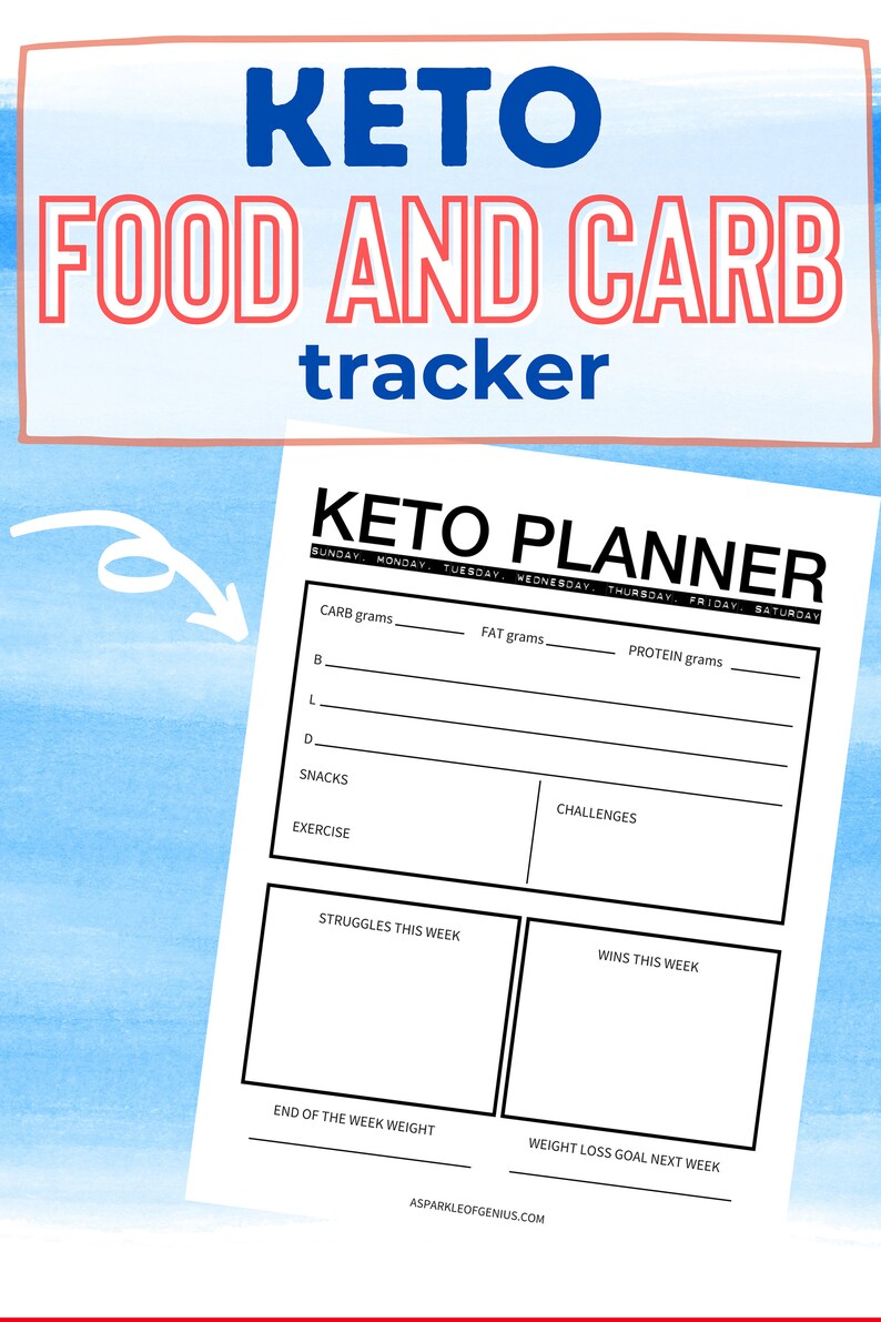 Pode incluir: Um planejador keto imprim&iacute;vel com se&ccedil;&otilde;es para acompanhar os gramas de carboidratos, gorduras e prote&iacute;nas, bem como lanches, exerc&iacute;cios, desafios, dificuldades, vit&oacute;rias, peso do fim de semana e metas de perda de peso. O planejador tem um design preto e branco com um fundo de aquarela azul e rosa.