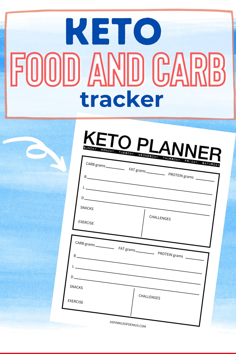 Pode incluir: Um planejador keto imprim&iacute;vel com um design preto e branco. O planejador inclui se&ccedil;&otilde;es para rastrear gramas de carboidratos, gorduras e prote&iacute;nas, bem como lanches e exerc&iacute;cios. O texto "KETO PLANNER" est&aacute; no topo da p&aacute;gina.