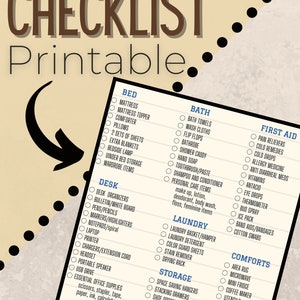 College Dorm Checklist Printable | Freshman Dorm Essentials List | College Packing List | Dorm Room Checklist | College Move-In Guide