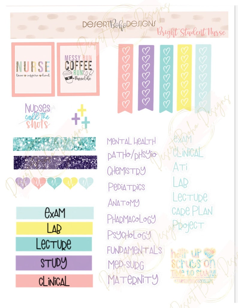 May include: A printable planner sticker sheet for student nurses. The sheet features colorful stickers with text such as "Nurses call the shots", "Messy Bun Coffee Run", "Hair Up Scrubs On Time to Study", and "Bright Student Nurse". The sheet also includes stickers with hearts, plus signs, and a variety of nursing-related terms.