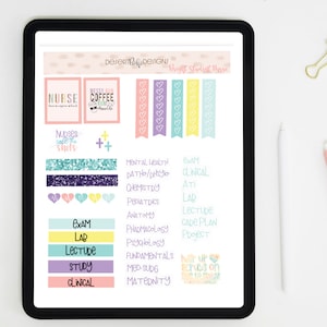 May include: A set of colorful digital planner stickers for nurses and nursing students. The stickers feature phrases like "Nurses call the shots", "Messy Bun Coffee Run", and "Halt Up Scrubs On Time To Study". There are also stickers with hearts, plus signs, and various nursing-related terms like "Exam", "Lab", "Lecture", "Study", and "Clinical".