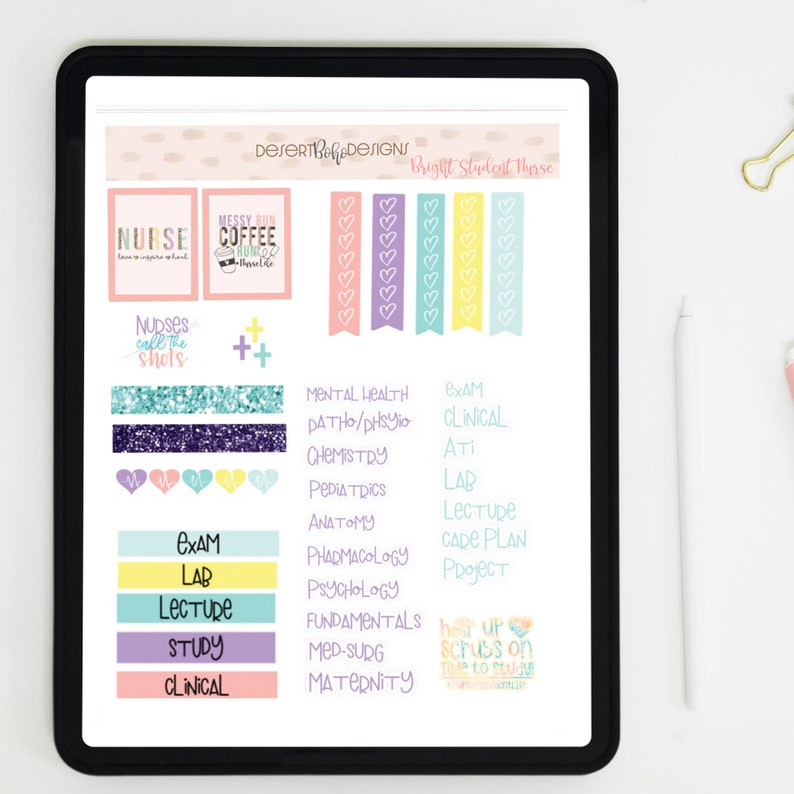May include: A set of colorful digital planner stickers for nurses and nursing students. The stickers feature phrases like "Nurses call the shots", "Messy Bun Coffee Run", and "Halt Up Scrubs On Time To Study". There are also stickers with hearts, plus signs, and various nursing-related terms like "Exam", "Lab", "Lecture", "Study", and "Clinical".