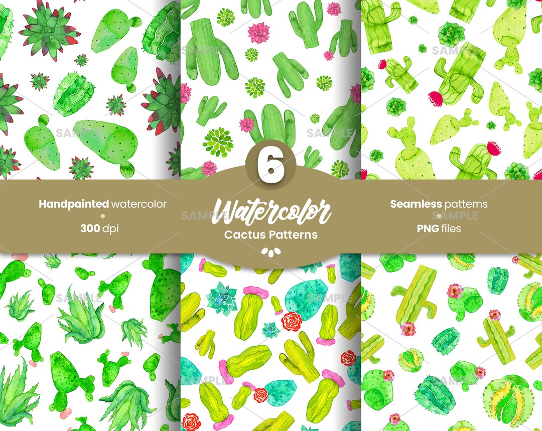6 Watercolor Cactus Patterns Bundle Watercolor Floral Digital Clip Art ...