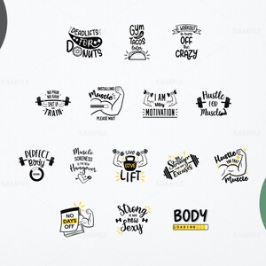 K&ouml;nnte beinhalten: Ein Satz von 12 Schwarzwei&szlig;illustrationen mit motivierenden Zitaten &uuml;ber Fitness und Training. Die Illustrationen zeigen Hanteln, Langhanteln und andere Fitnessger&auml;te. Einige der Zitate beinhalten "Deadlifts for Donuts", "Gym Tacos Later", "I am my Motivation", "Hustle for Muscle", "No Pain No Gain Shut Up and Train", "Installing Muscle Please Wait", "Perfect Body Loading", "Muscle Soreness is the New Hangover", "Live Love Lift", "Be Stronger Than Excuses", "Hustle for That Muscle", "No Days Off", "Strong is the New Sexy", and "Body Loading".