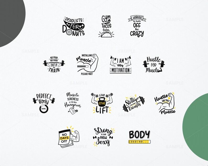 K&ouml;nnte beinhalten: Ein Satz von 12 Schwarzwei&szlig;illustrationen mit motivierenden Zitaten &uuml;ber Fitness und Training. Die Illustrationen zeigen Hanteln, Langhanteln und andere Fitnessger&auml;te. Einige der Zitate beinhalten "Deadlifts for Donuts", "Gym Tacos Later", "I am my Motivation", "Hustle for Muscle", "No Pain No Gain Shut Up and Train", "Installing Muscle Please Wait", "Perfect Body Loading", "Muscle Soreness is the New Hangover", "Live Love Lift", "Be Stronger Than Excuses", "Hustle for That Muscle", "No Days Off", "Strong is the New Sexy", and "Body Loading".