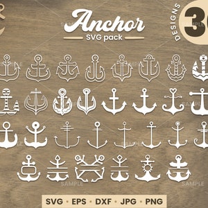 Puede incluir: Un conjunto de 30 diseños de anclas SVG. Las anclas son de varios estilos, incluyendo simples, náuticas y decorativas. Los diseños son perfectos para manualidades, scrapbooking y otros proyectos creativos.