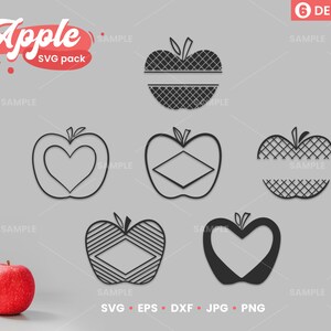 May include: A set of six black and white apple SVG cut files. The apples have different designs, including a heart, a diamond, and a grid pattern. The text "Apple SVG pack" is at the top of the image.