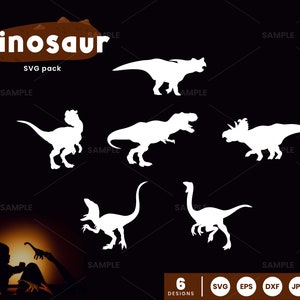 May include: A set of six white silhouette dinosaur SVG designs. The dinosaurs are in various poses, including walking, running, and standing. The text "Dinosaur SVG pack" is at the top of the image.