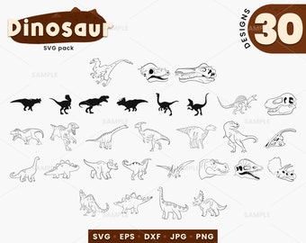 Könnte beinhalten: Ein Set mit 30 Schwarzweiß-Dinosaurier-SVG-Designs. Die Designs beinhalten verschiedene Dinosaurier, darunter einen T-Rex, Triceratops, Stegosaurus und mehr. Die Designs sind perfekt zum Erstellen von Bastelarbeiten, Projekten und vielem mehr.