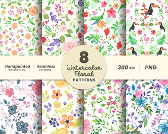 8 Watercolor Floral Patterns Bundle | Floral pattern, Seamless pattern, Digital Watercolor, Flowers Hand Painted Paper, Printable backdrop