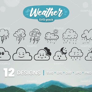 12 Weather SVG Bundle | Cloud Svg Bundle, Weather Cloud Svg, Thunderclouds Svg, Weather Svg, Svg Cut File, Lightning Svg, Dxf, Png