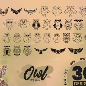 May include: A set of 30 black and white owl SVG designs. The designs include various owl poses, including owls with wings spread, owls with closed eyes, and owls with open eyes. The text "Owl SVG pack" and "30 Designs" is included in the image.
