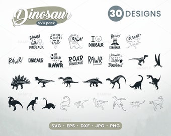 Könnte beinhalten: Ein Set mit 30 Schwarzweiß-Dinosaurier-SVG-Designs. Die Designs umfassen verschiedene Dinosauriersilhouetten, textbasierte Designs und eine Kombination aus beidem. Der Text enthält Sätze wie "RAWR!" und "Lass die Welt dich brüllen hören".