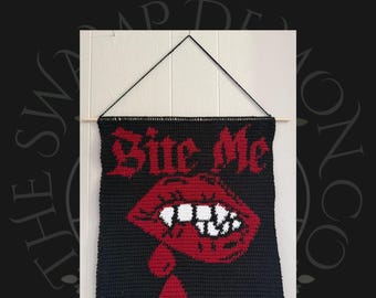 Bite Me Crochet Tapestry Pattern | Gothic Vampire Lips Wall Hanging (PDF Download)