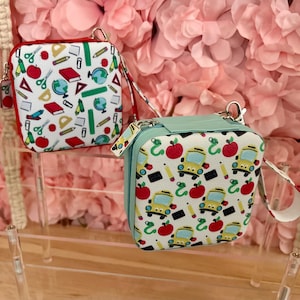 Back to School Jewelry Box – School Theme Print | Compact Jewelry Organizer with Matching Removable Handle & Coordinating Zipper