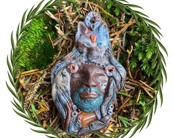 Celtic wolf shaman god,yellow jasper crystal stone, Unique Shamanic altar talisman necklace pendant hand sculpted polymer clay, made for him