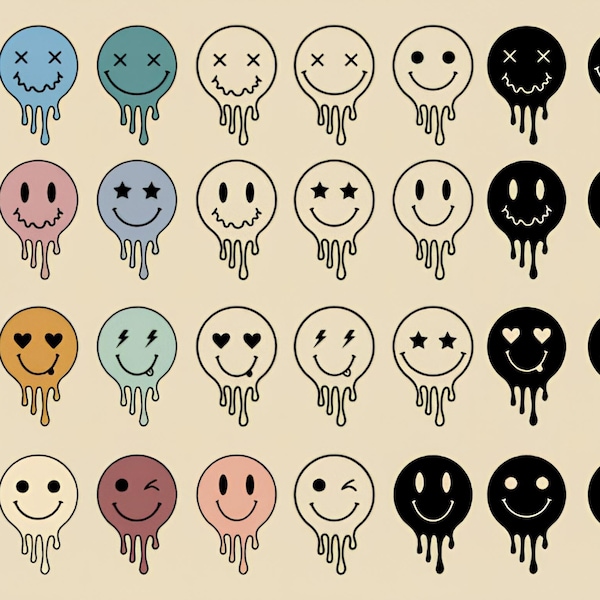 Lot Svg smiley, Svg smiley groovy, Svg smiley dégoulinant, Svg Emoji, Bundle svg visages heureux, svg coeur, smiley, svg sourire drippy