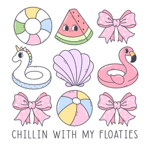 May include: A set of nine colorful inflatable pool floats, including a watermelon, a unicorn, a seashell, a flamingo, a beach ball, and three bow-shaped floats. The text "Chillin with my Floaties" is at the bottom of the image.