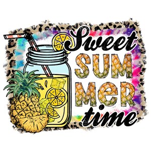 Peut inclure: Graphique coloré avec l'inscription "Sweet Summer Time" en noir et des lettres en forme d'ananas. Un bocal Mason rempli de limonade, de glaçons et de tranches de citron est présenté, ainsi qu'un ananas et un fond léopard.