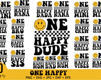 One Happy Dude Matching Birthday Svg Bundle, One Happy Family Png, Birthday Family Png, Retro Smiley Face svg, First Birthday Boy Girl svg