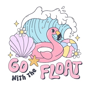 Peut inclure: Un flotteur de piscine en forme de flamant rose avec une vague bleue et blanche derrière. Il y a un coquillage, une étoile de mer et un ballon de plage sur l'image. Le texte "Go with the Float" est écrit en lettres roses.