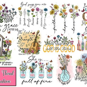 K&ouml;nnte beinhalten: Ein digitaler Kunstdruck mit einer Sammlung christlicher Blumenmotive mit inspirierenden Zitaten und Bibelversen. Die Motive beinhalten eine Kirche mit Wildblumen, eine Gitarre mit den Worten "Der Herr ist meine St&auml;rke und mein Lied", eine Gl&uuml;hbirne mit Blumen und dem Text "Lass dein Licht leuchten" und einen Blumenstrau&szlig; mit dem Text "Gott ist gut alle Zeit".