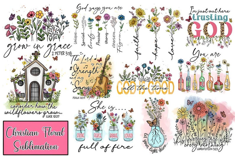 K&ouml;nnte beinhalten: Ein digitaler Kunstdruck mit einer Sammlung christlicher Blumenmotive mit inspirierenden Zitaten und Bibelversen. Die Motive beinhalten eine Kirche mit Wildblumen, eine Gitarre mit den Worten "Der Herr ist meine St&auml;rke und mein Lied", eine Gl&uuml;hbirne mit Blumen und dem Text "Lass dein Licht leuchten" und einen Blumenstrau&szlig; mit dem Text "Gott ist gut alle Zeit".