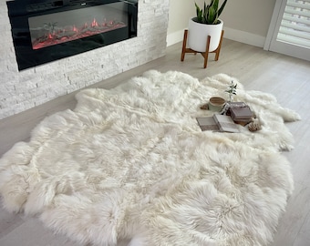 Follkee Large Natural White Sheepskin rug, Natural Sheepskin throw, Soft, Luxurious Wool Throw for Home Decor, Organic sheepskin rug