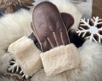 Follkee  Sheepskin Leather Mittens  Dark Brown Premium Quality Handmade