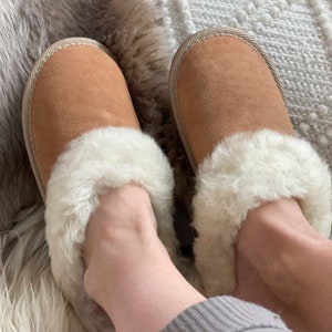 Follkee Women&#39;s Slippers Slip on Light Brown Beige 100% Wool Leather Handcrafted Luxury