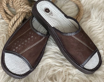 Follkee Brown Mens Slippers Slip on, Sandals, Natural Leather HandCrafted