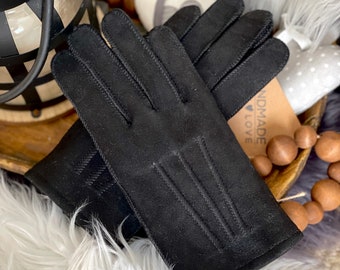 Follkee Women's Sheepskin Black Leather Gloves Premium Quality Handmade