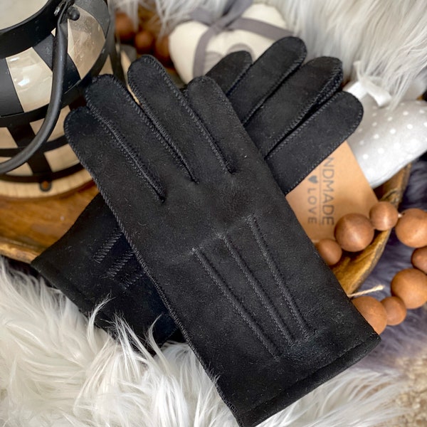 Follkee Women's Sheepskin Black Leather Gloves Premium Quality Handmade