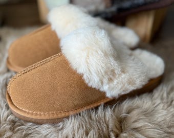 Follkee Slip-on SheepSkin Merino Wool Slippers Woman Slippers House Shoes  Beige Slippers Leather Slippers Shearling Warmth Luxurious