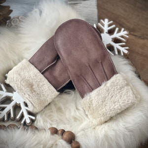 Follkee  Sheepskin Leather Mittens Brown Premium Quality Handmade