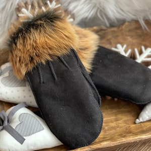 Follkee Sheepskin Leather Mittens  Small Black Premium Quality Handmade with Natural Fur