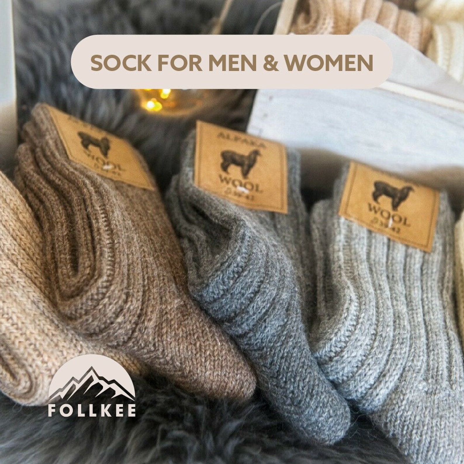 Follkee Women's Socks Merino Wool Thick and Cozy Ivory White Great Gif